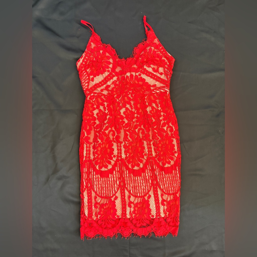 Striking Red Lace Midi Dress